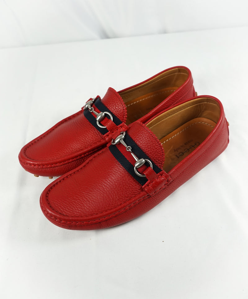 GUCCI - Red Horse-Bit Driving Loafers With Web Detail - 8