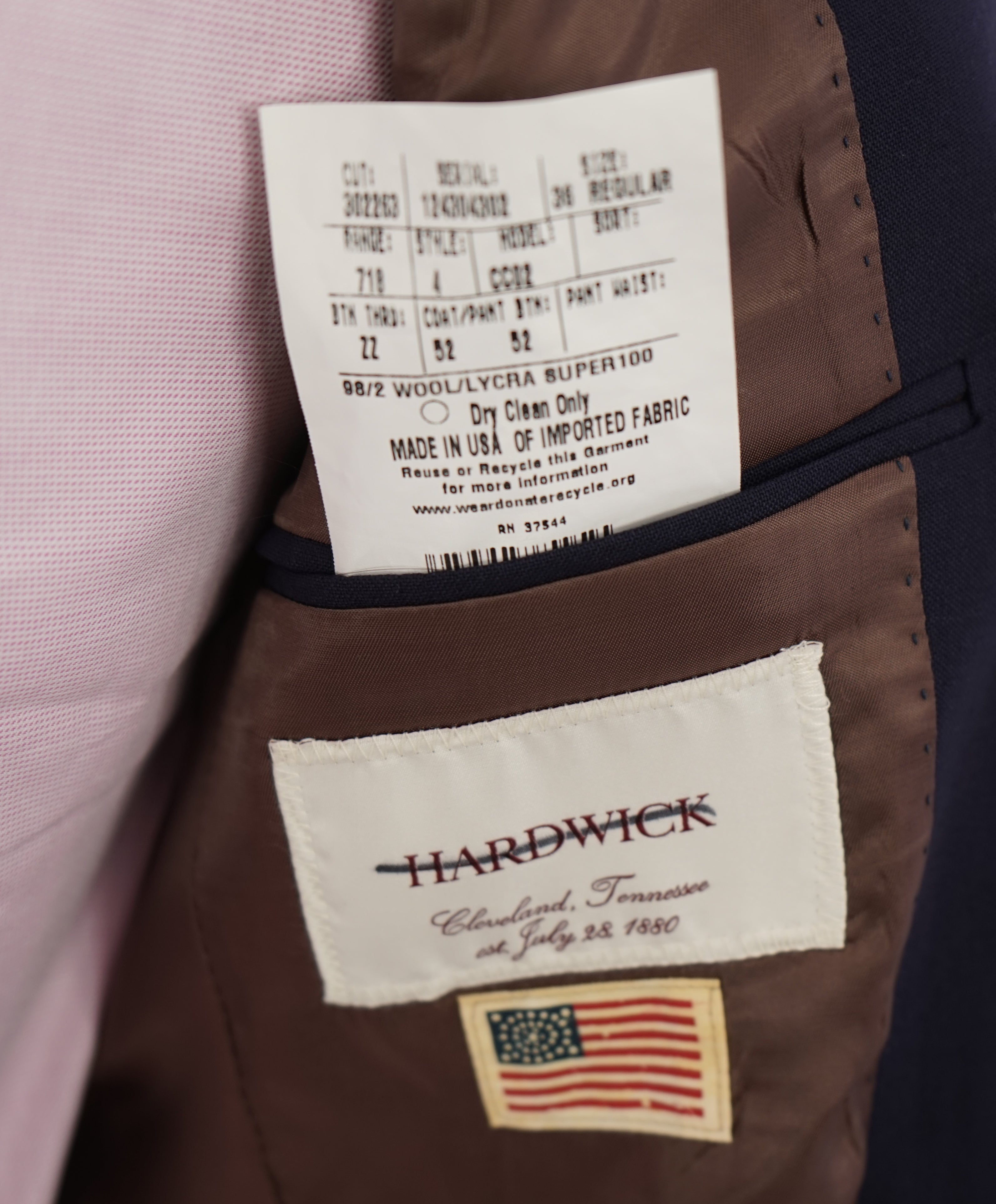 HARDWICK - Made In USA Premium Construction 2-3 Roll Lapel Navy Suit - 36R
