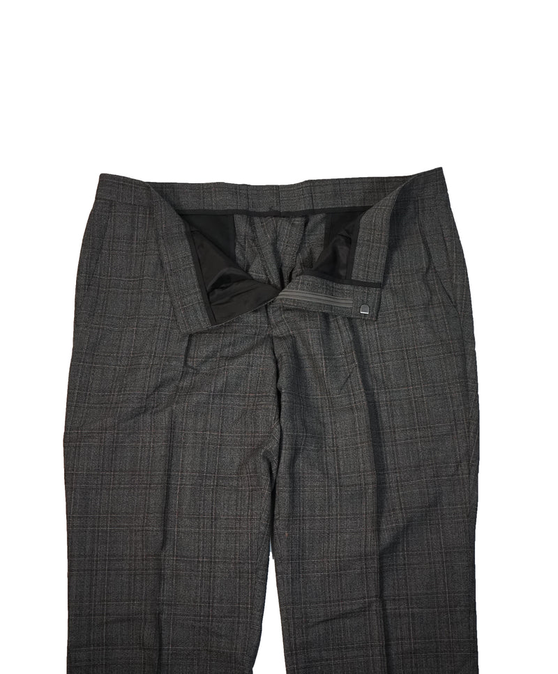 HUGO BOSS- Gray Brown Multi-Check Plaid Flat Front Dress Pants- 39W