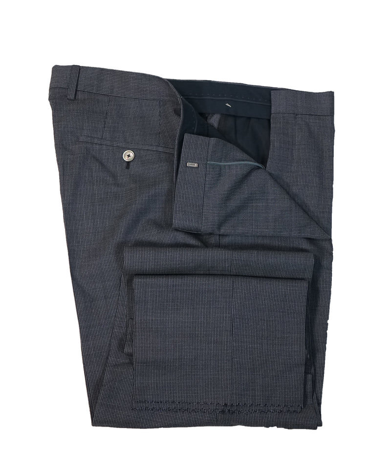 HUGO BOSS - Blue Medium Blue Micro Check Flat Front Dress Pants- 36W