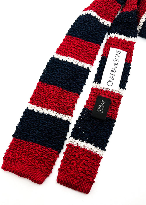 $165 OVADIA & SONS - Red Blue & White Stripe Knit Silk - Tie