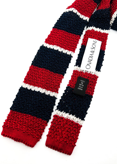 $165 OVADIA & SONS - Red Blue & White Stripe Knit Silk - Tie