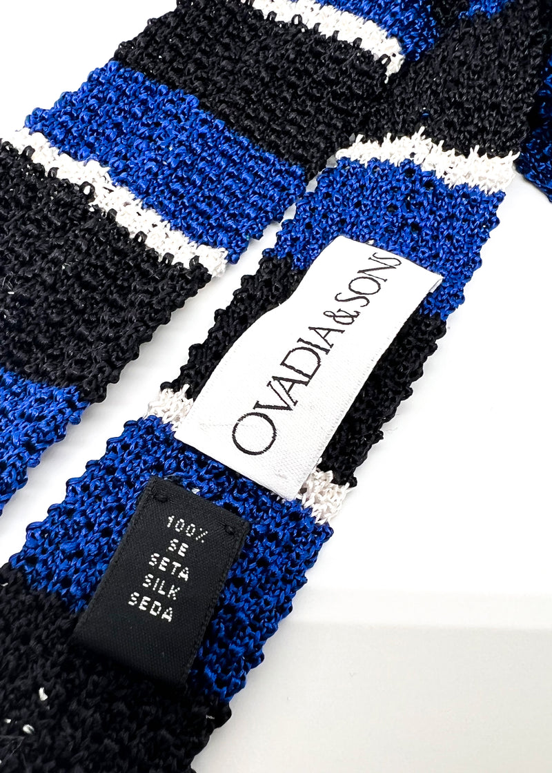 $165 OVADIA & SONS - Blue Navy & White Stripe Knit Silk - Tie