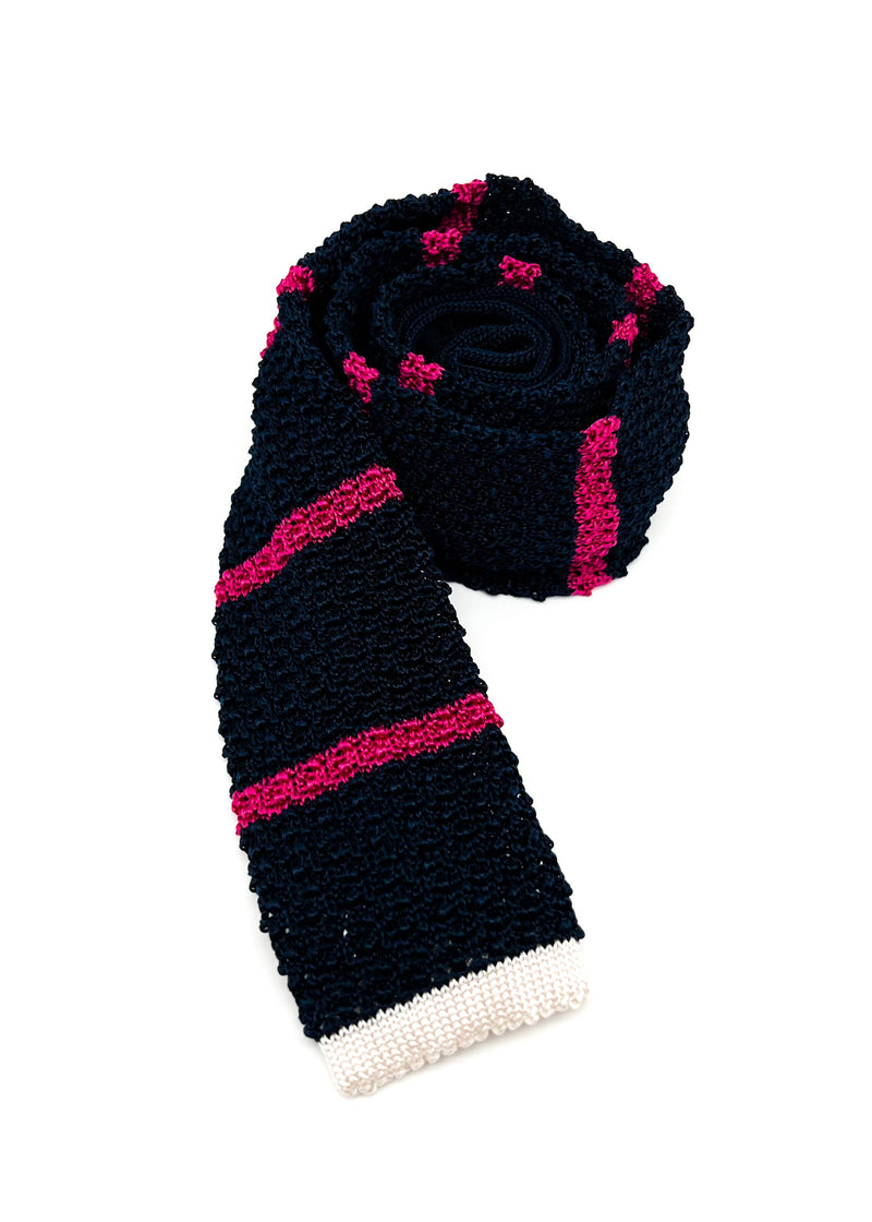 $165 OVADIA & SONS - Pink & Navy Stripe Knit Silk "White Tips" - Tie