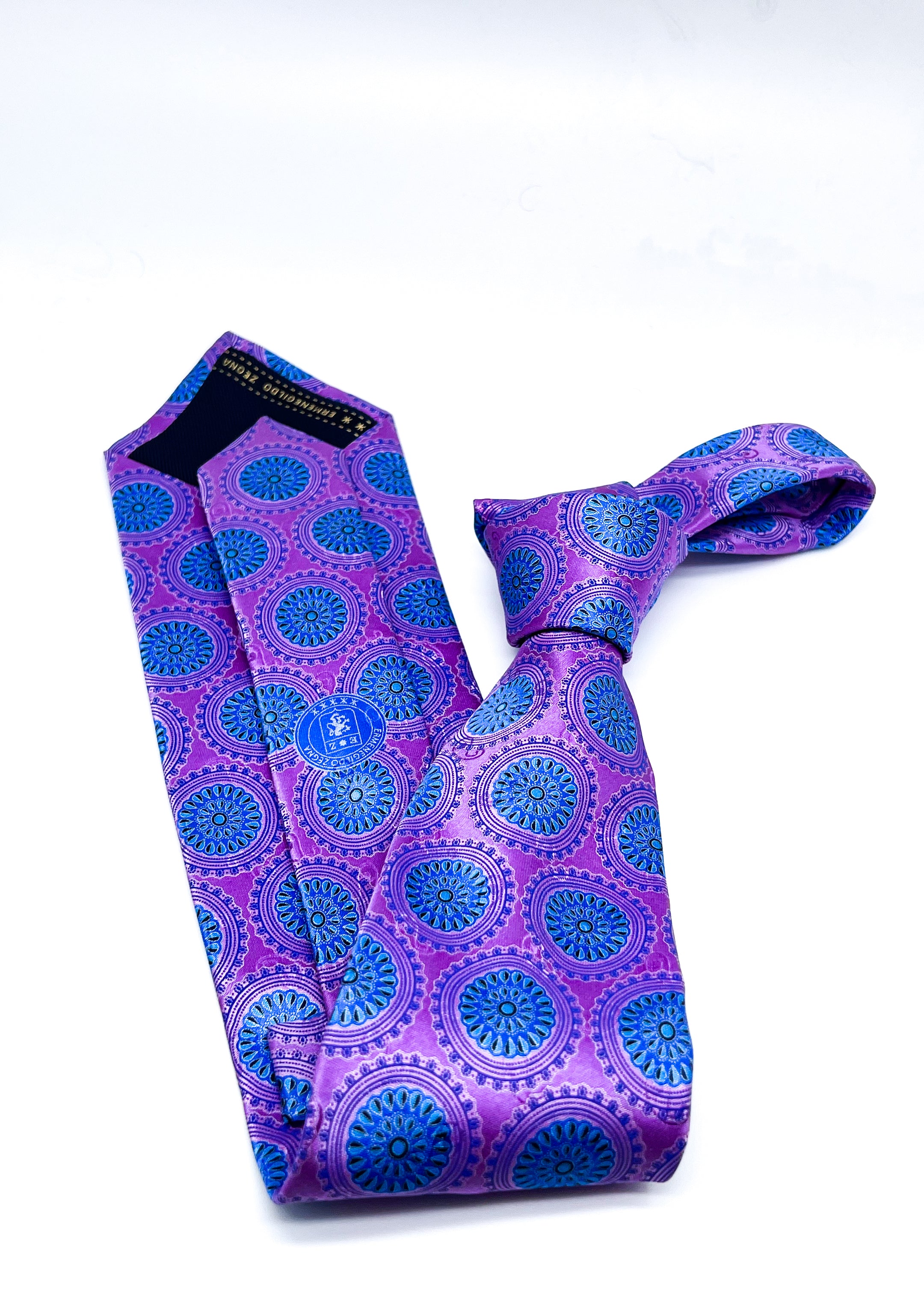$295 ERMENEGILDO ZEGNA - Flower Medallion Bright Purple & Blue LOGO - Tie