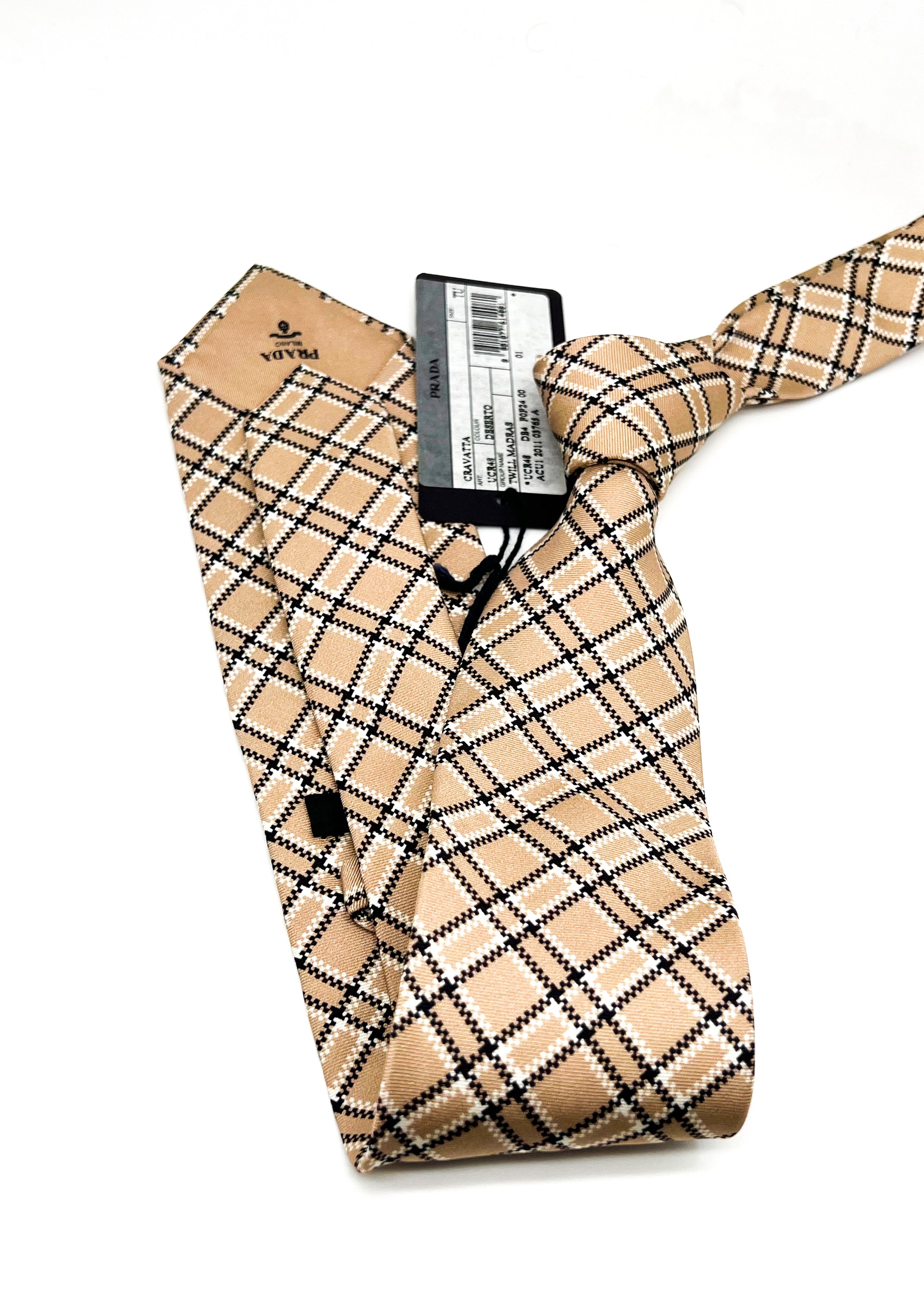 $320 PRADA - Camel & White Check Plaid Unique 2.75" - Tie