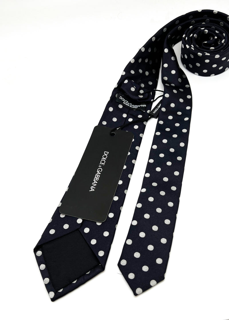 $175 DOLCE & GABBANA - Navy & Silver Polka Dot Silk 2.5" - Tie