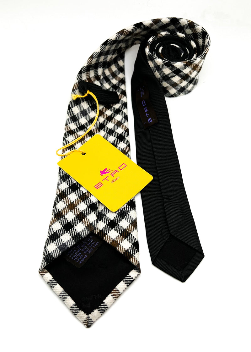 $260 ETRO - Ivory / Black WOOL/SILK Blend Gingham Check 2.75" - Tie