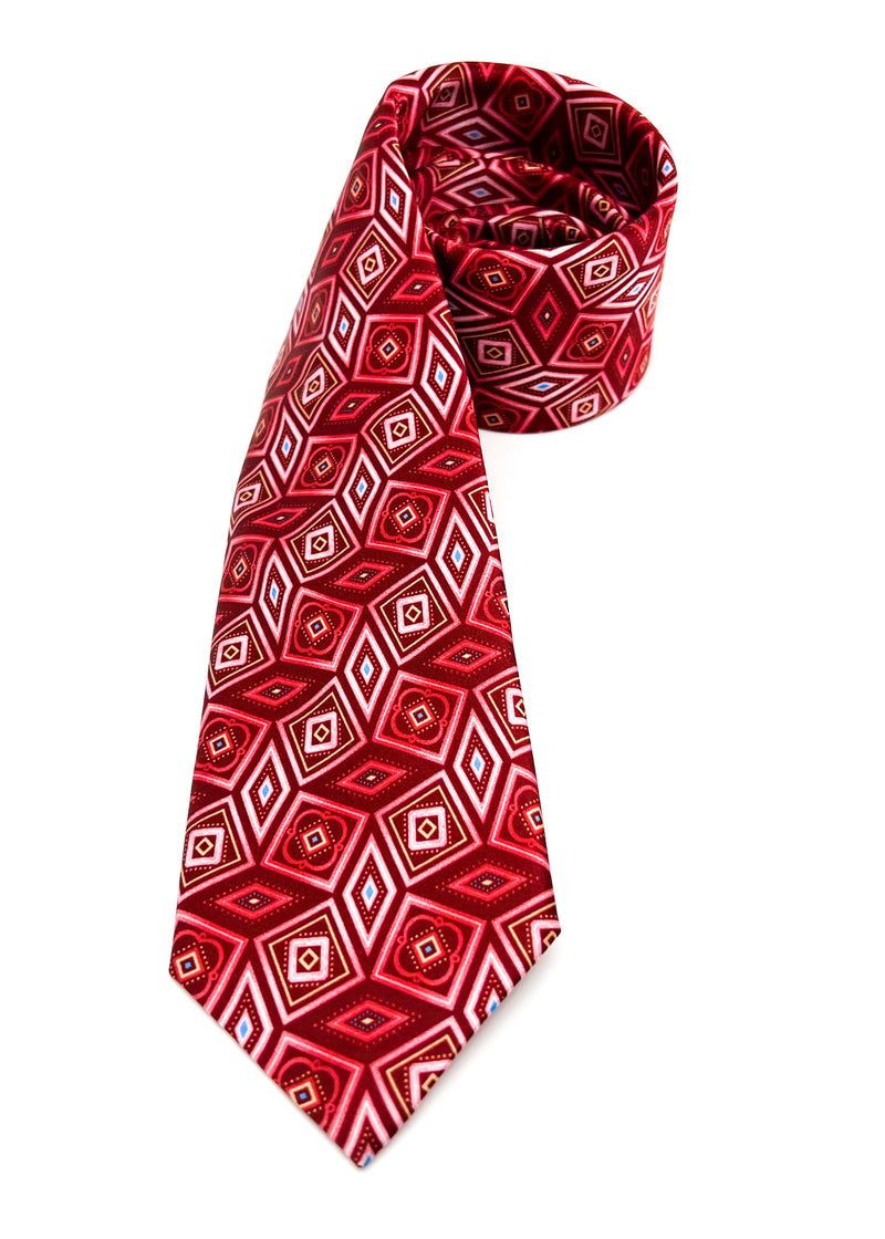 $240 BRIONI - Geometric Rose Pattern Red & Pink Silk 3" - Tie