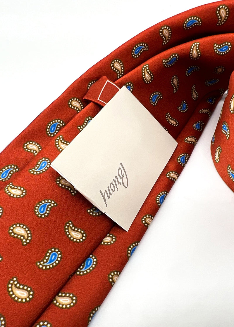 $240 BRIONI - Burnt Orange With Blue & Yellow Paisley Patterned Silk 3" - Tie
