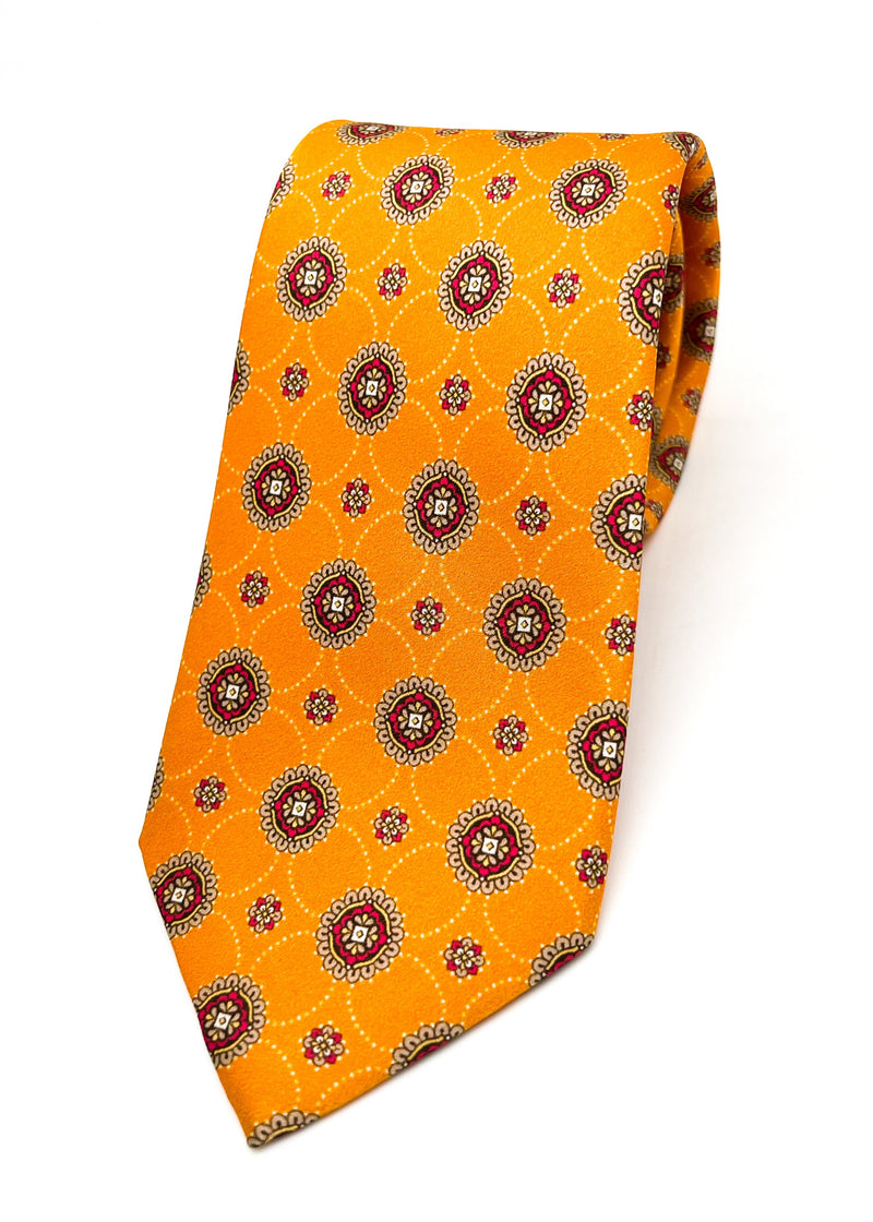 $240 BRIONI - Orange / Gold Medallion Tie Silk 3" - Tie
