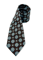 $240 BRIONI - Brown & Blue Medallion Tie Silk 3" - Tie