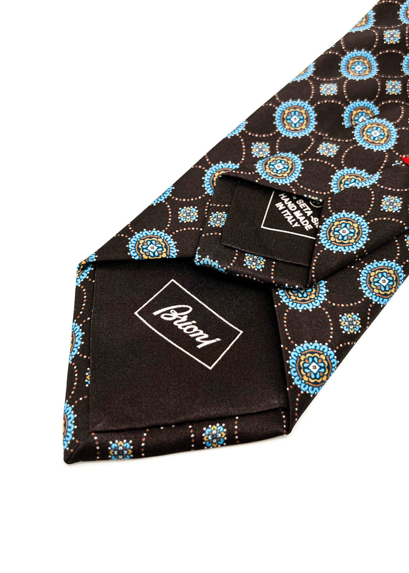 $240 BRIONI - Brown & Blue Medallion Tie Silk 3" - Tie