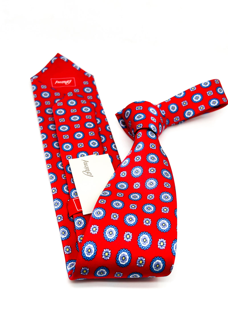 $240 BRIONI - Red & Blue Medallion Tie Silk 3" - Tie