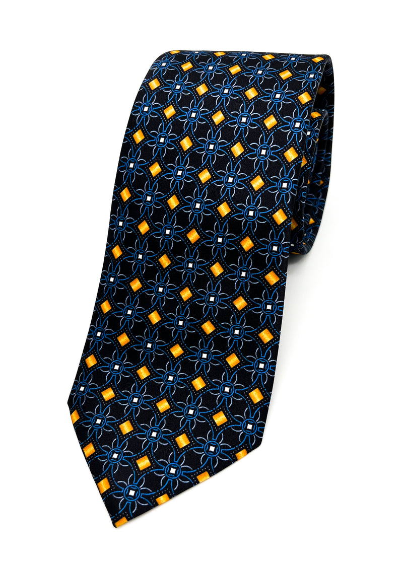 $240 BRIONI - Geometric Floral Blue & Orange Tie Silk 3" - Tie