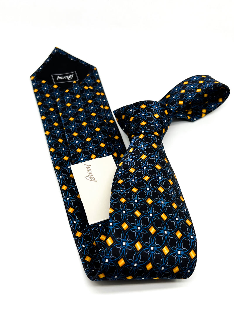 $240 BRIONI - Geometric Floral Blue & Orange Tie Silk 3" - Tie