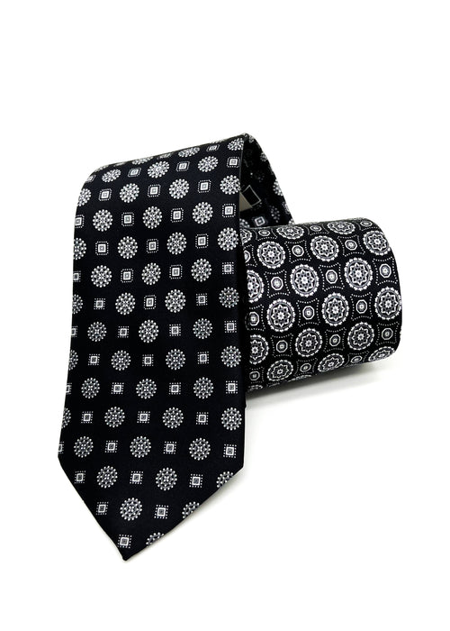 $240 BRIONI - Gradient Medallion Pattern Black n White Silk 3" - Tie
