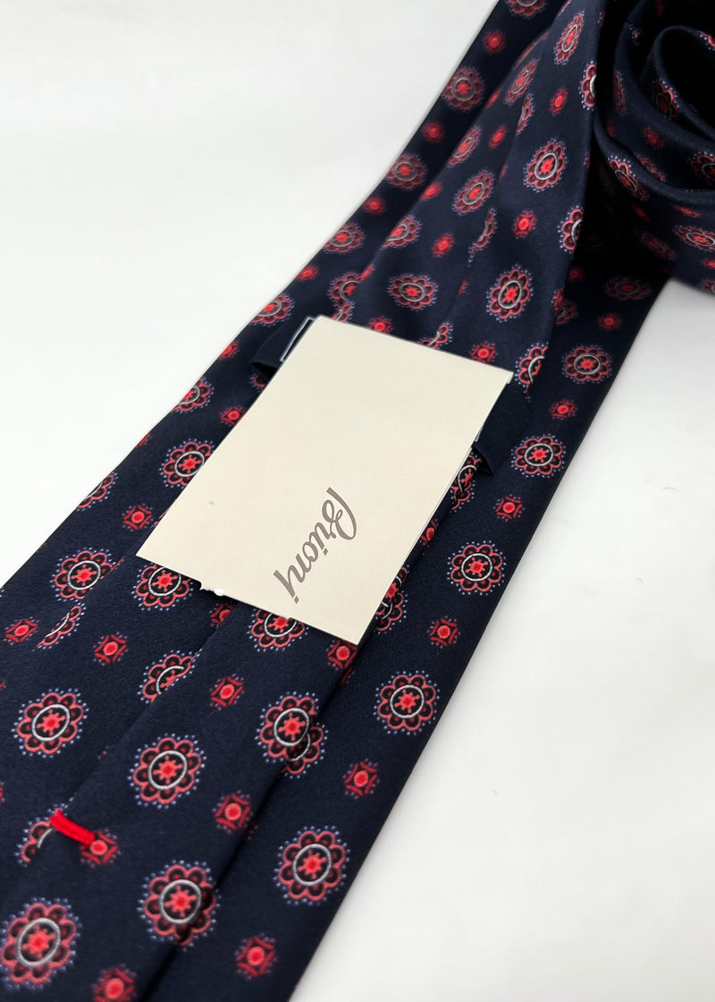 $240 BRIONI - Floral Intricate Red & Navy Pattern Silk 3" - Tie