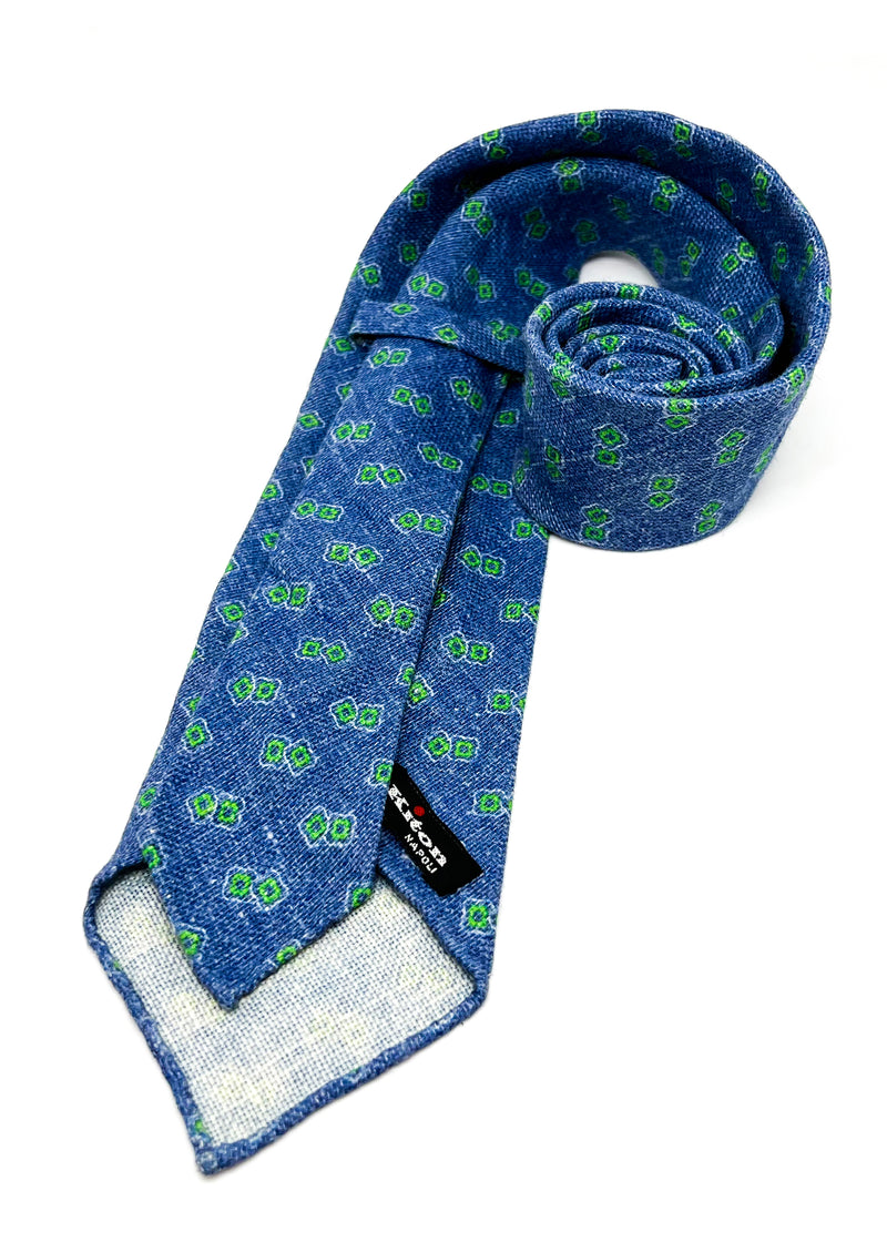 $285 KITON - NAPOLI *LINEN / CASHMERE / SILK* Blue & Green 3.25" - Tie