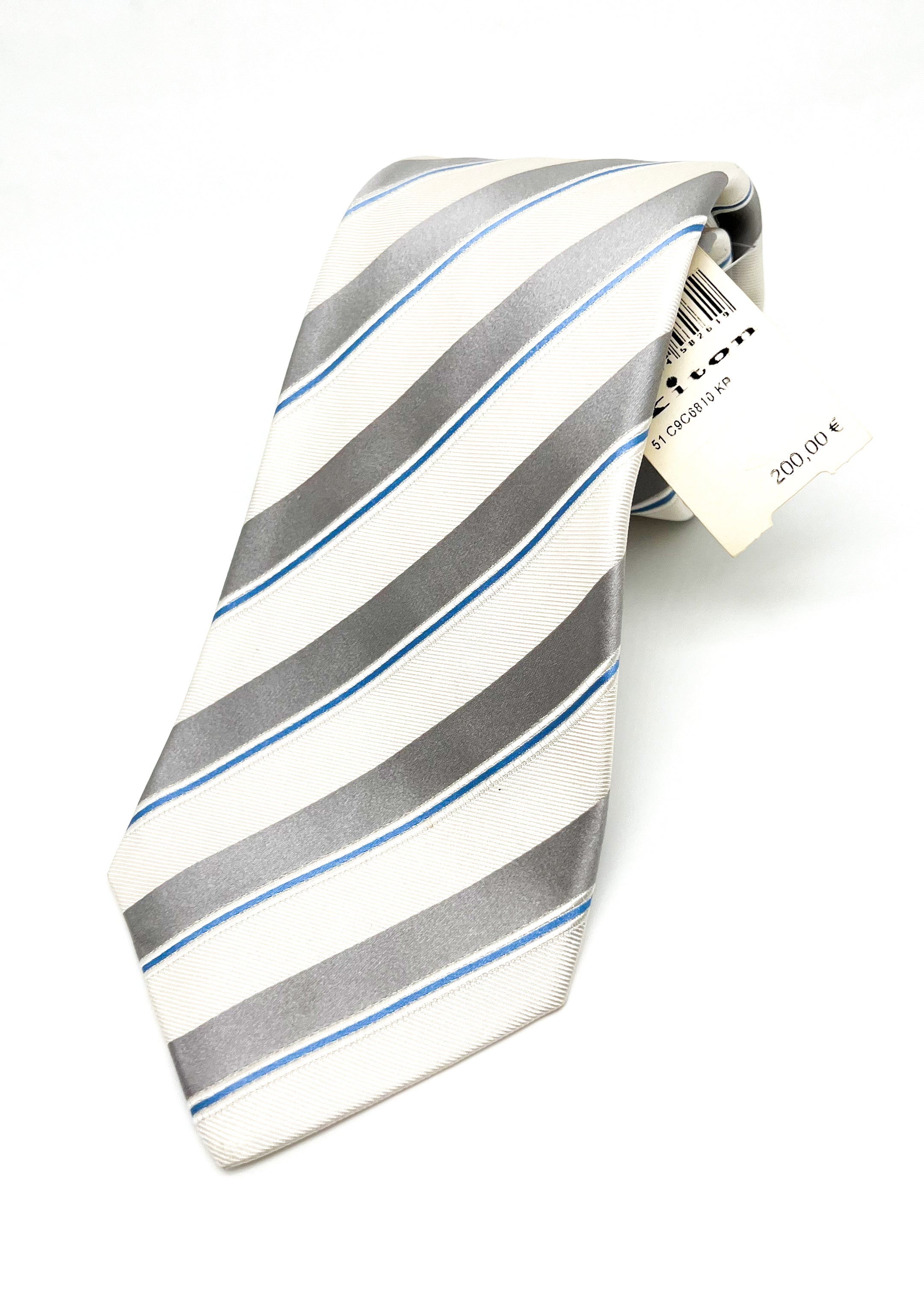 $285 KITON - NAPOLI *SILK / COTTON* Ivory & Blue Alternating Stripe 3.25" - Tie