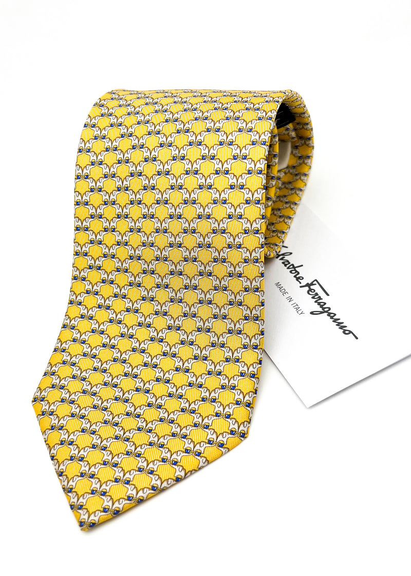$200 SALVATORE FERRAGAMO - Yellow & Blue Elephant Tie 3.6" - Tie