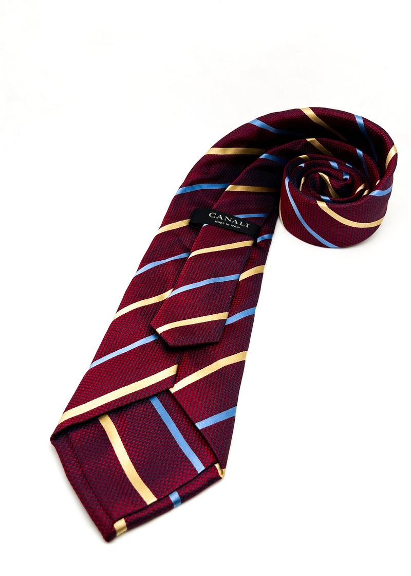 $185 CANALI - Burgundy Textured W Yellow & Blue Stripe 3.6" - Tie