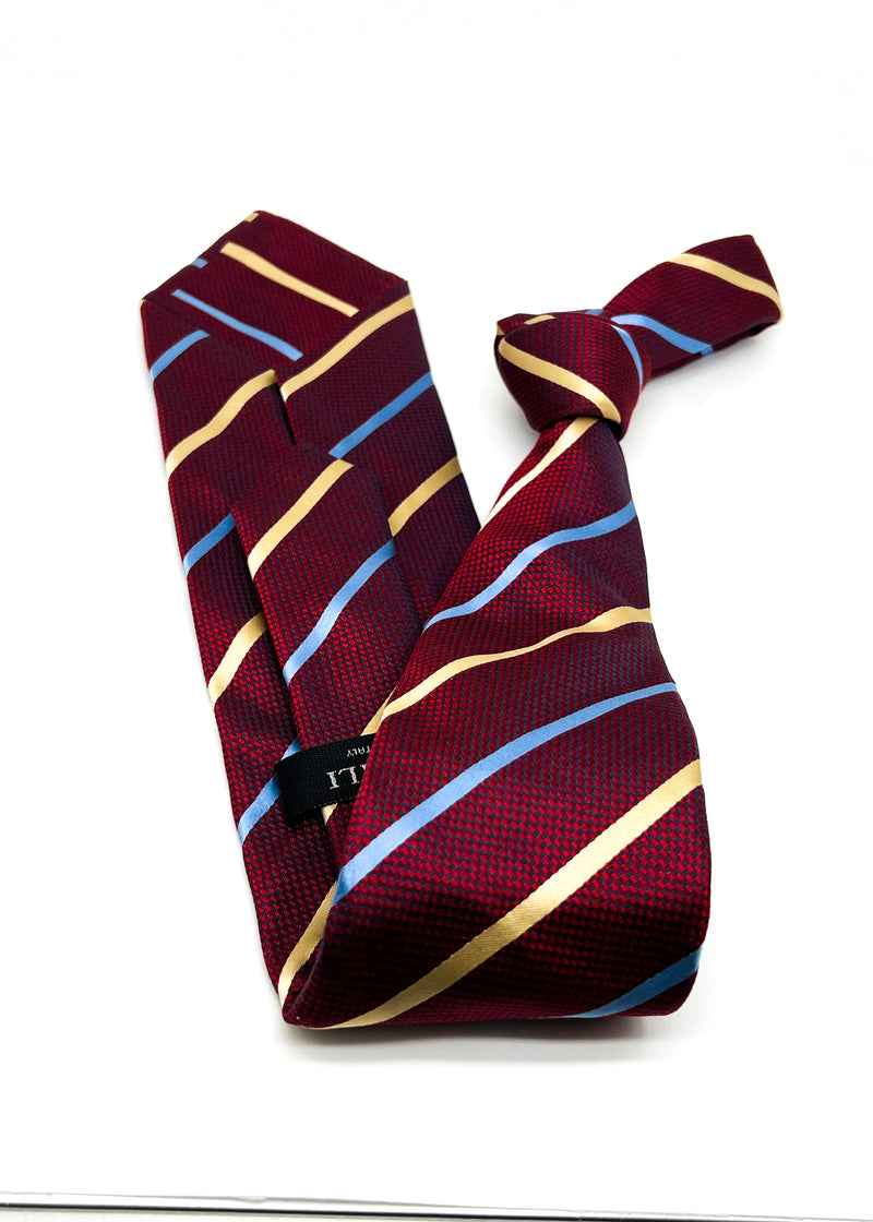 $185 CANALI - Burgundy Textured W Yellow & Blue Stripe 3.6" - Tie