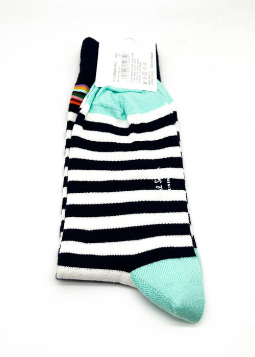 PAUL SMITH - NAVY "White & Mint" Striped Cotton Socks - N/A