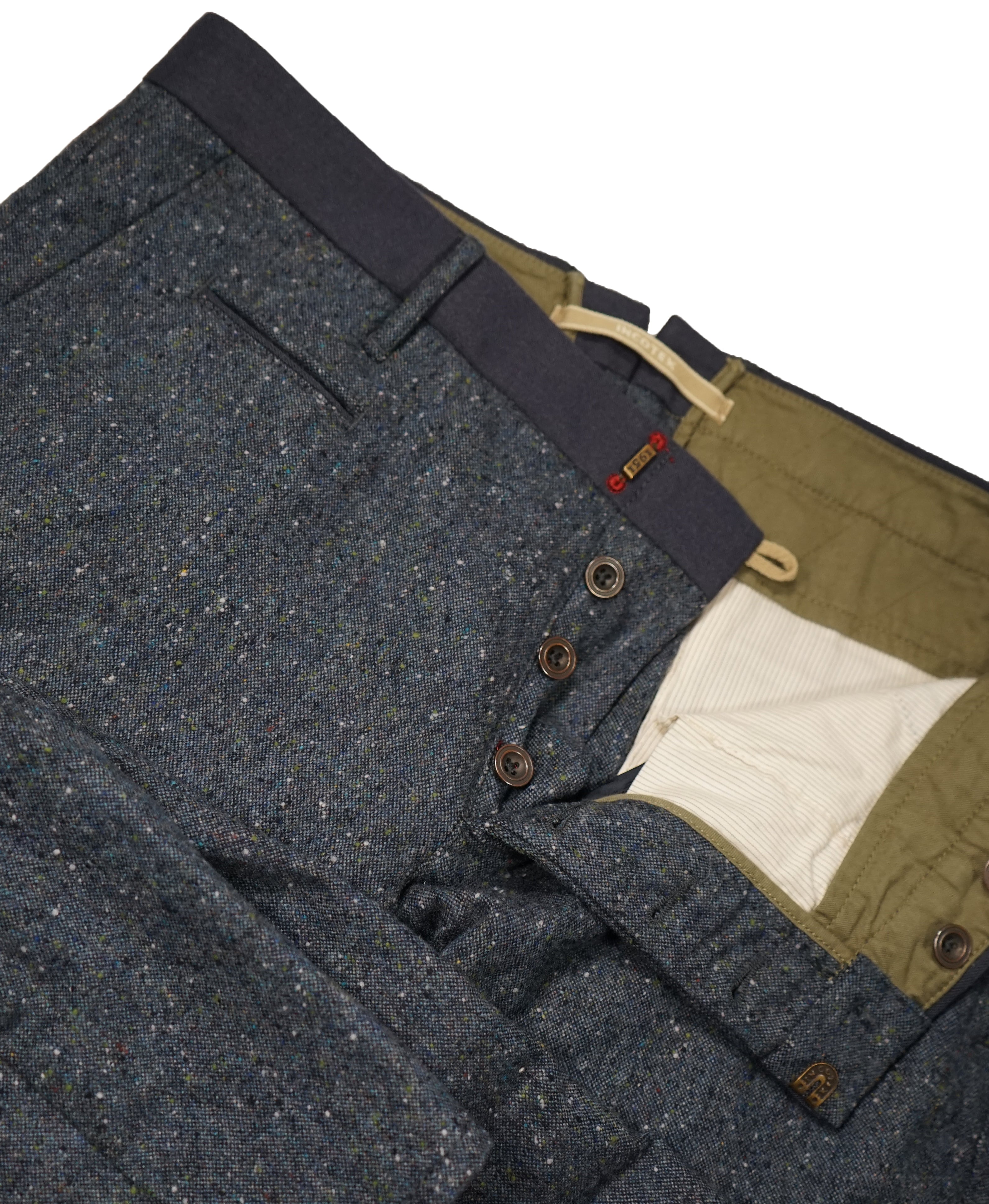 INCOTEX - Blue & Green Tweed Wool Trousers W Contrast Waist Band - 31W