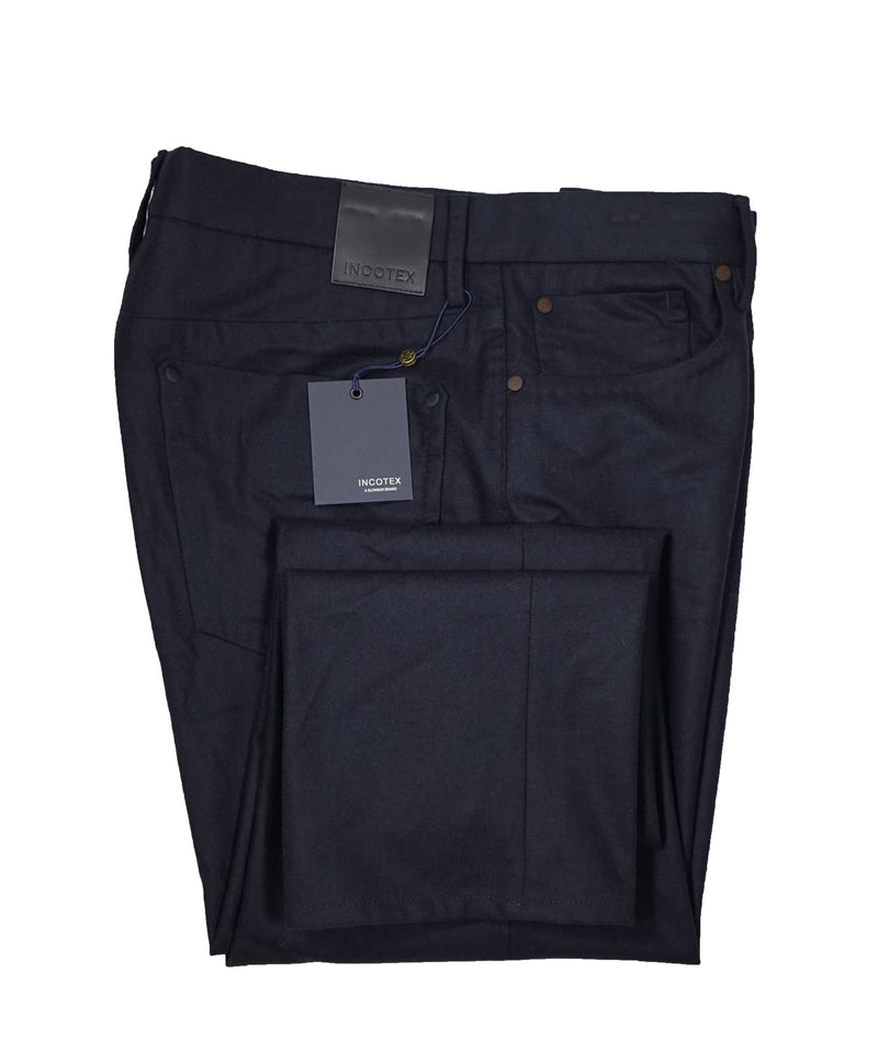 INCOTEX - CASHMERE WOOL Flat Front 5-Pocket Blue Flannel Logo Pants  -  33W