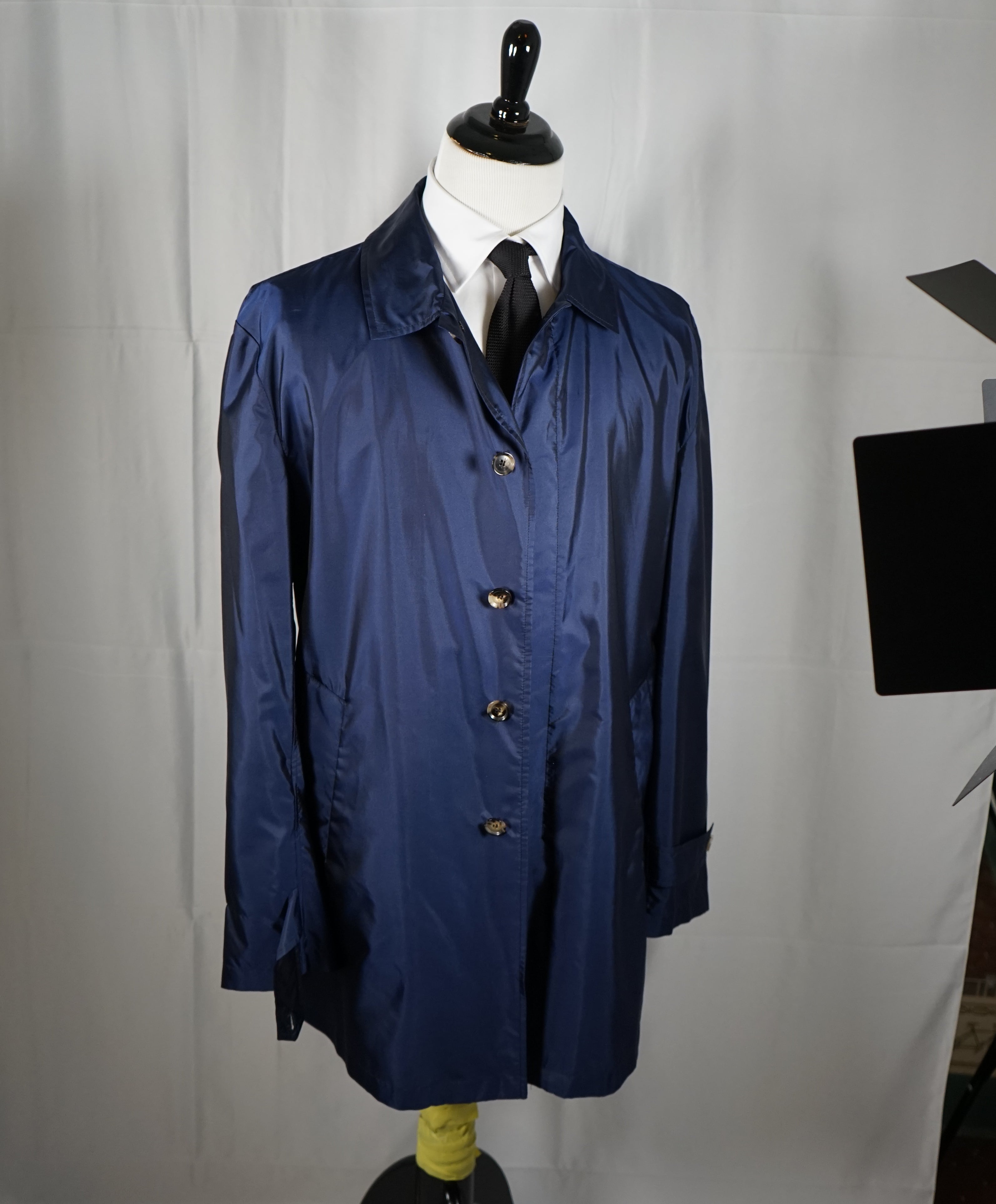 $2,295 ISAIA - 100% Silk Overcoat Trenchcoat Coablt Blue Logo Detailing - 50US