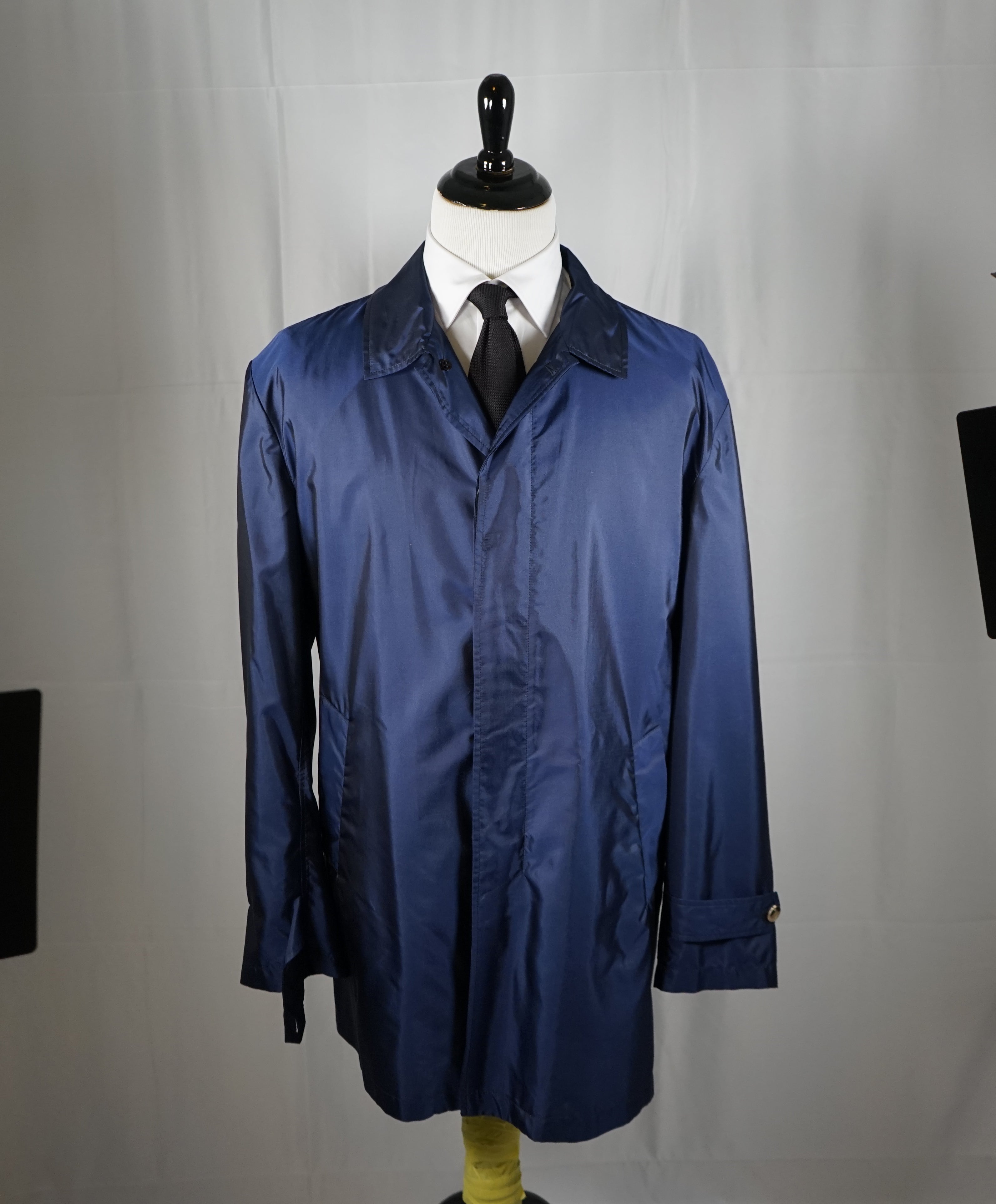 $2,295 ISAIA - 100% Silk Overcoat Trenchcoat Coablt Blue Logo Detailing - 50US