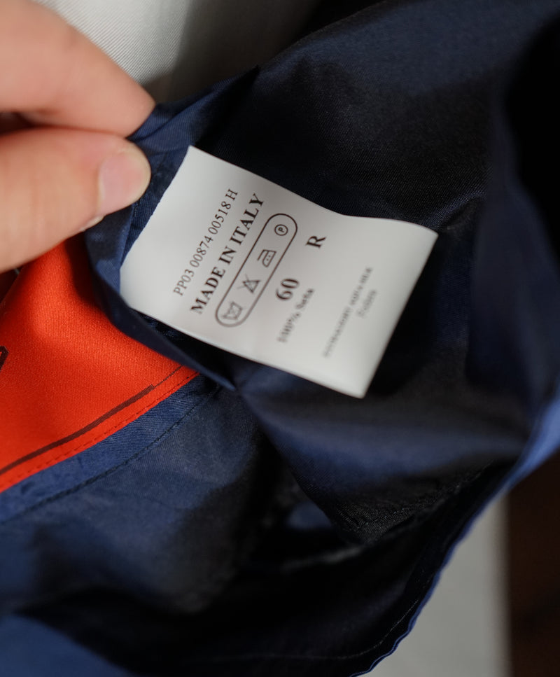 $2,295 ISAIA - 100% Silk Overcoat Trenchcoat Coablt Blue Logo Detailing - 50US