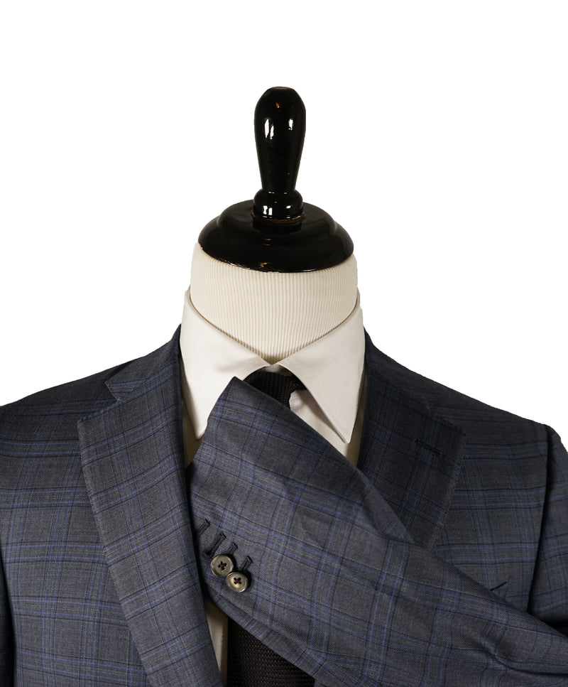 ISAIA - Bold Blue Plaid Suit With Side Tabs & Logo Detailing - 40R