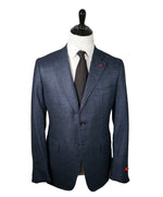 ISAIA - Cashmere Wool blend Melange Medium Blue Suit LOGO COLLAR - 46R