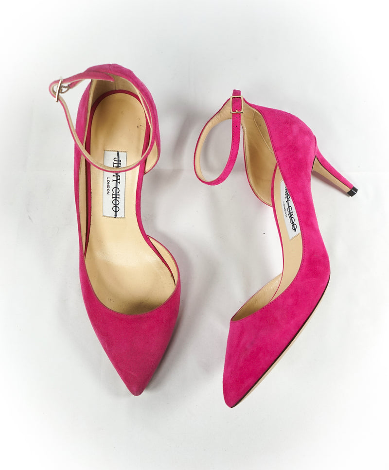 JIMMY CHOO -"LUCY" 65 D'Orsay Ankle Strap Hot Pink Pointed Toe Heels - R-37 L-37.5