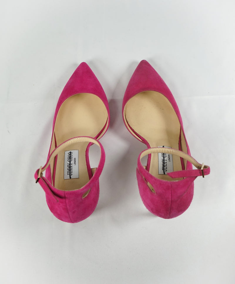 JIMMY CHOO -"LUCY" 65 D'Orsay Ankle Strap Hot Pink Pointed Toe Heels - R-37 L-37.5