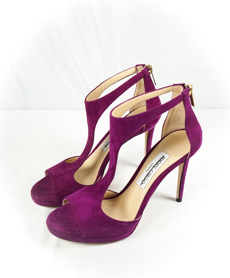 JIMMY CHOO - "LANA" T Strap Purple Suede Open Toe Heel Sandal - R-37 L-37.5