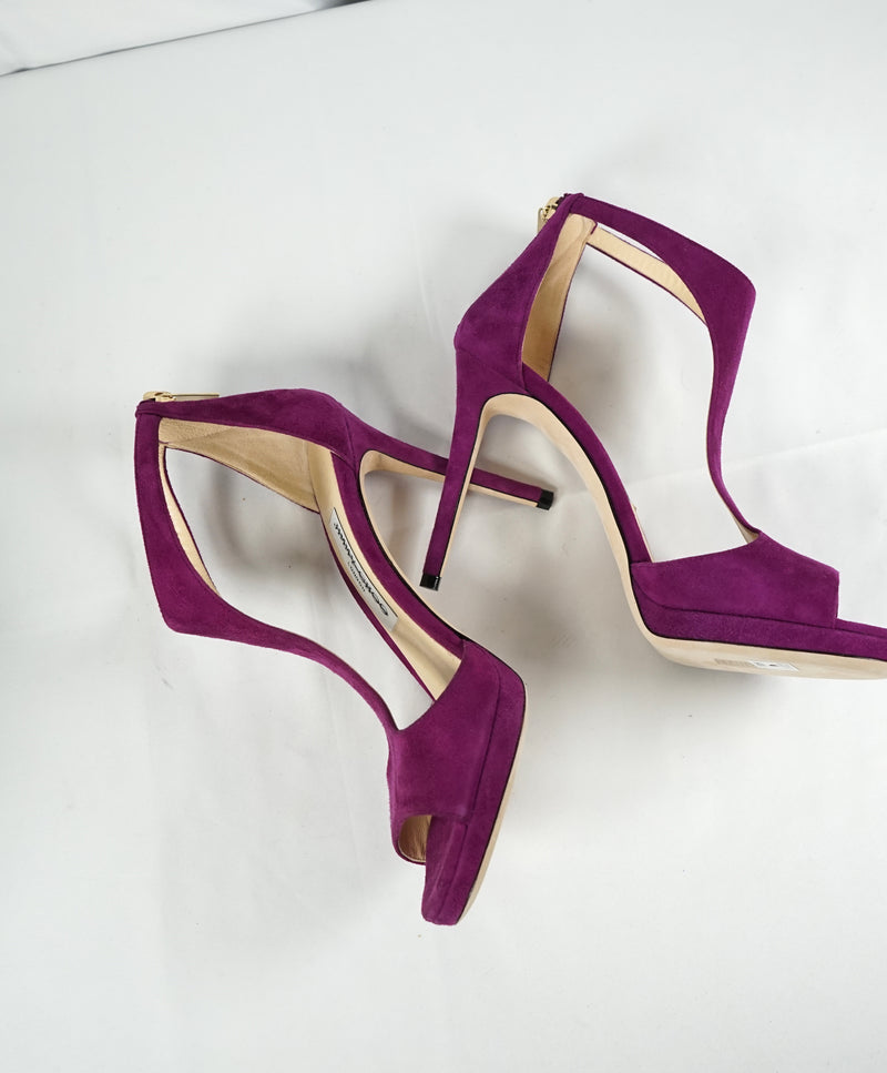 JIMMY CHOO - "LANA" T Strap Purple Suede Open Toe Heel Sandal - R-37 L-37.5