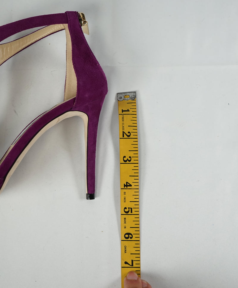 JIMMY CHOO - "LANA" T Strap Purple Suede Open Toe Heel Sandal - R-37 L-37.5