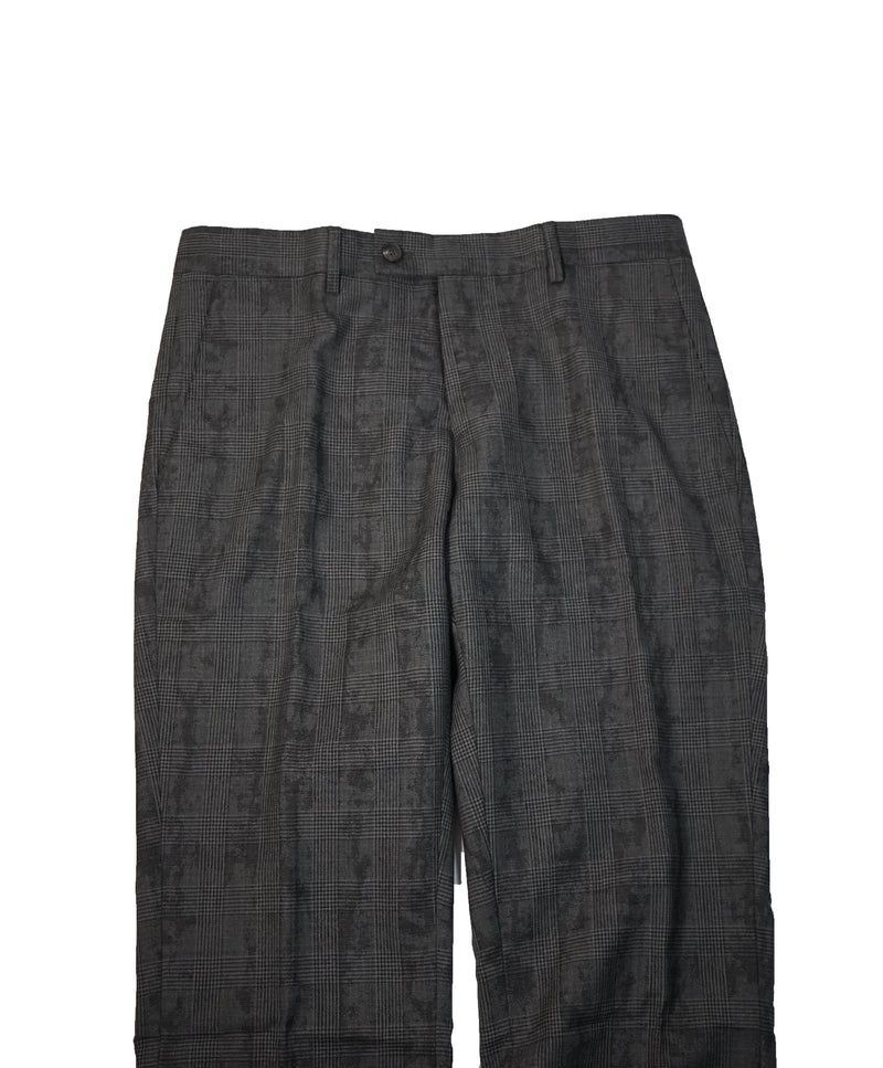 JOHN VARVATOS - Gray Plaid & Abstract Pattern Flat Front Dress Pants - 31