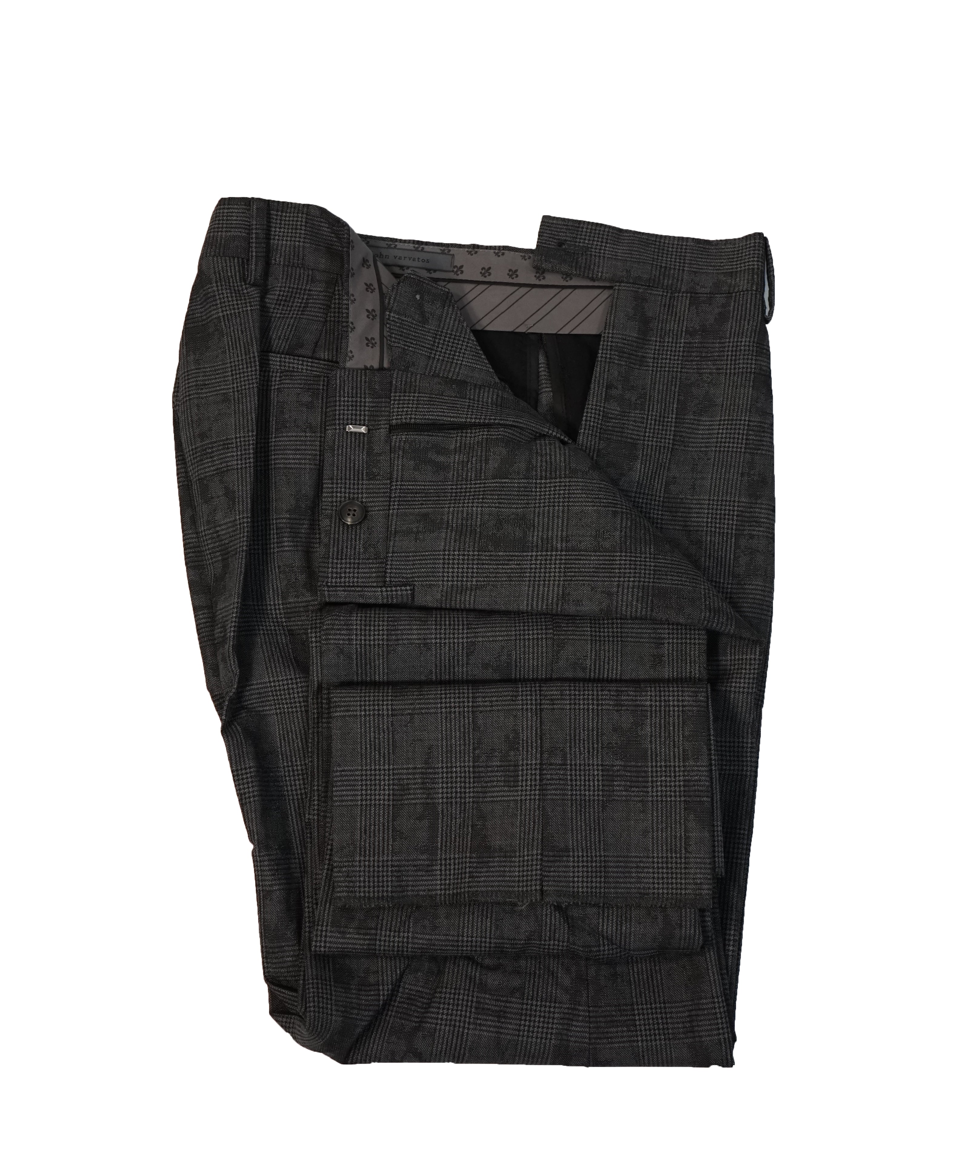 JOHN VARVATOS - Gray Plaid & Abstract Pattern Flat Front Dress Pants - 31