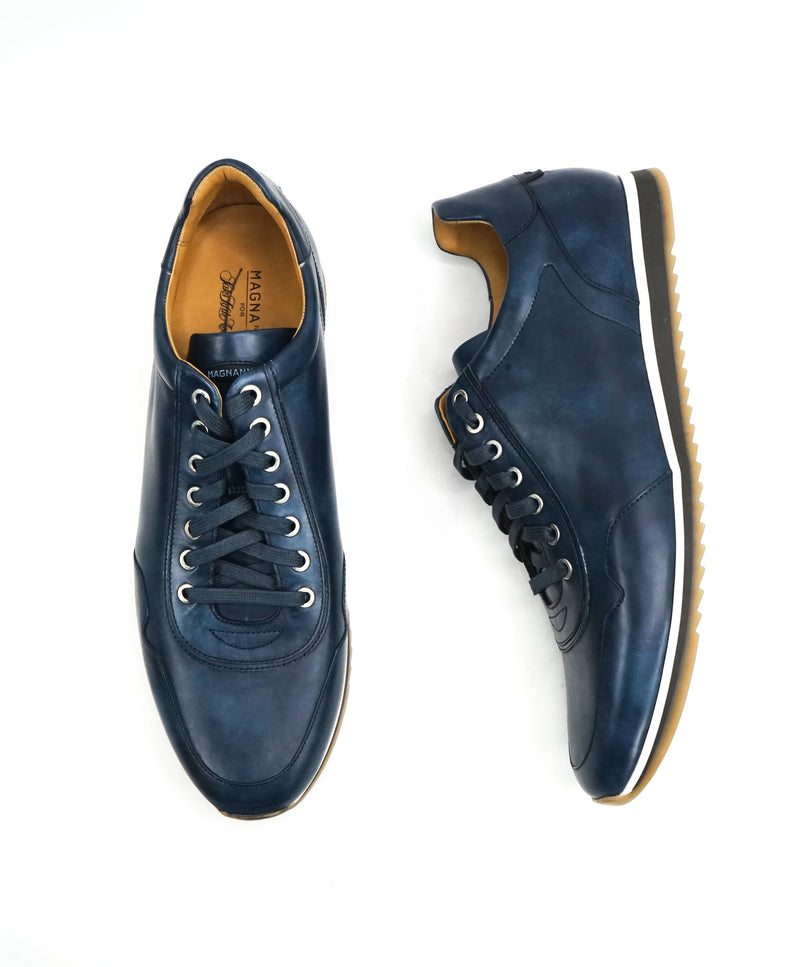MAGNANNI - Lace Up Blue Patina Leather Sneakers W Rubber Sole - 11