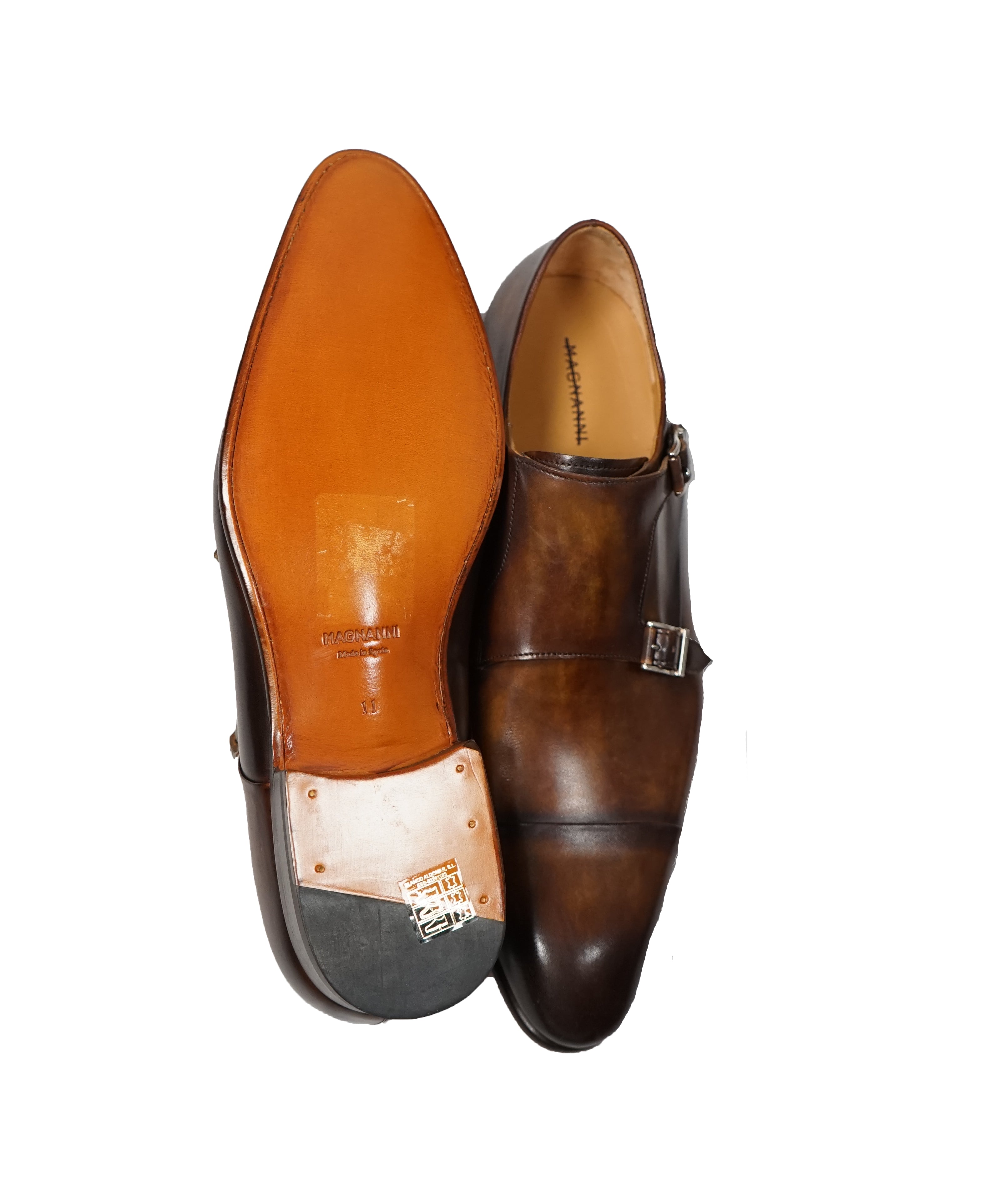 MAGNANNI - Double Monk Strap Loafers With Hand Patina Uppers Brown- 11