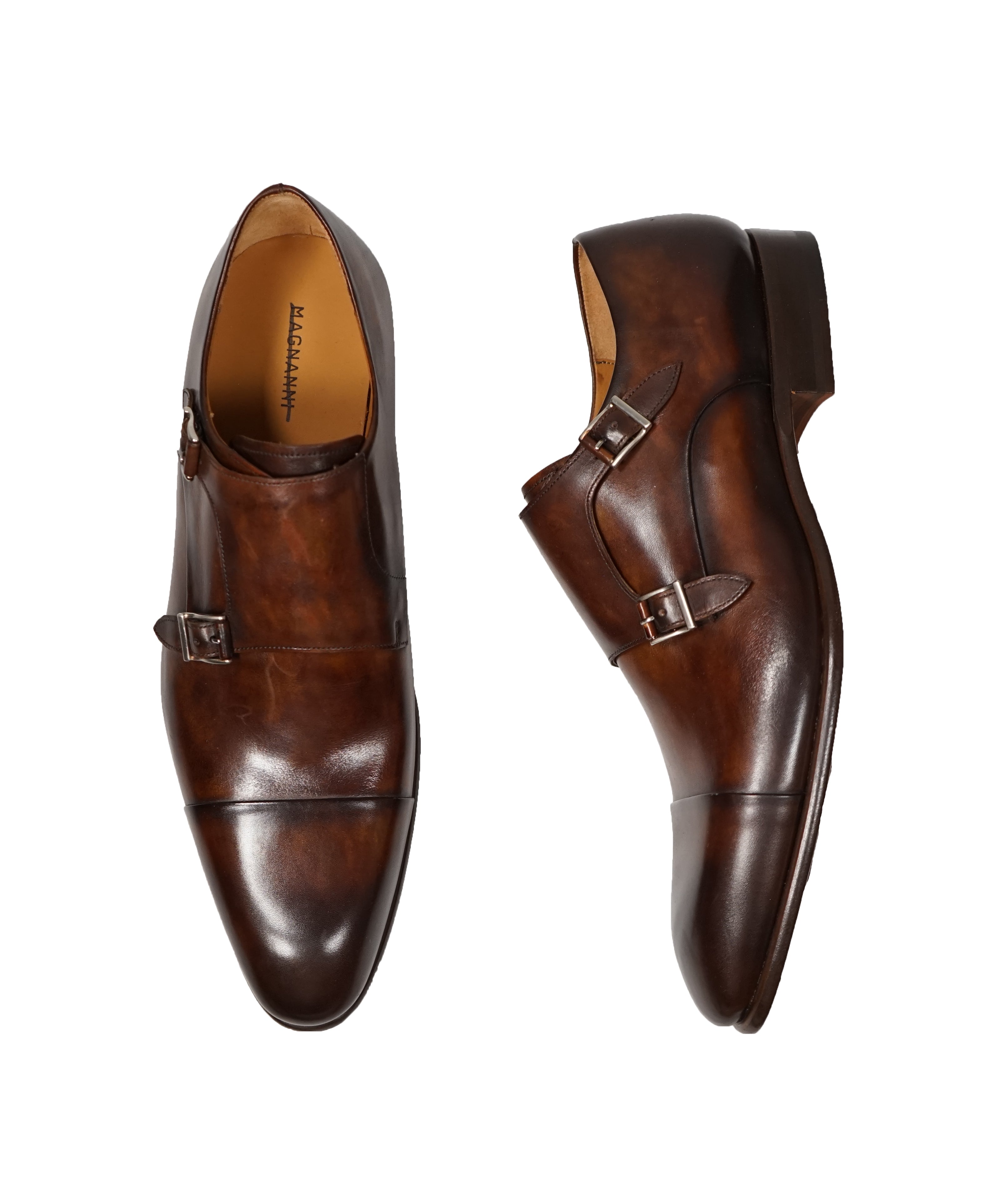 MAGNANNI - Double Monk Strap Loafers With Hand Patina Uppers Coco Brown- 11