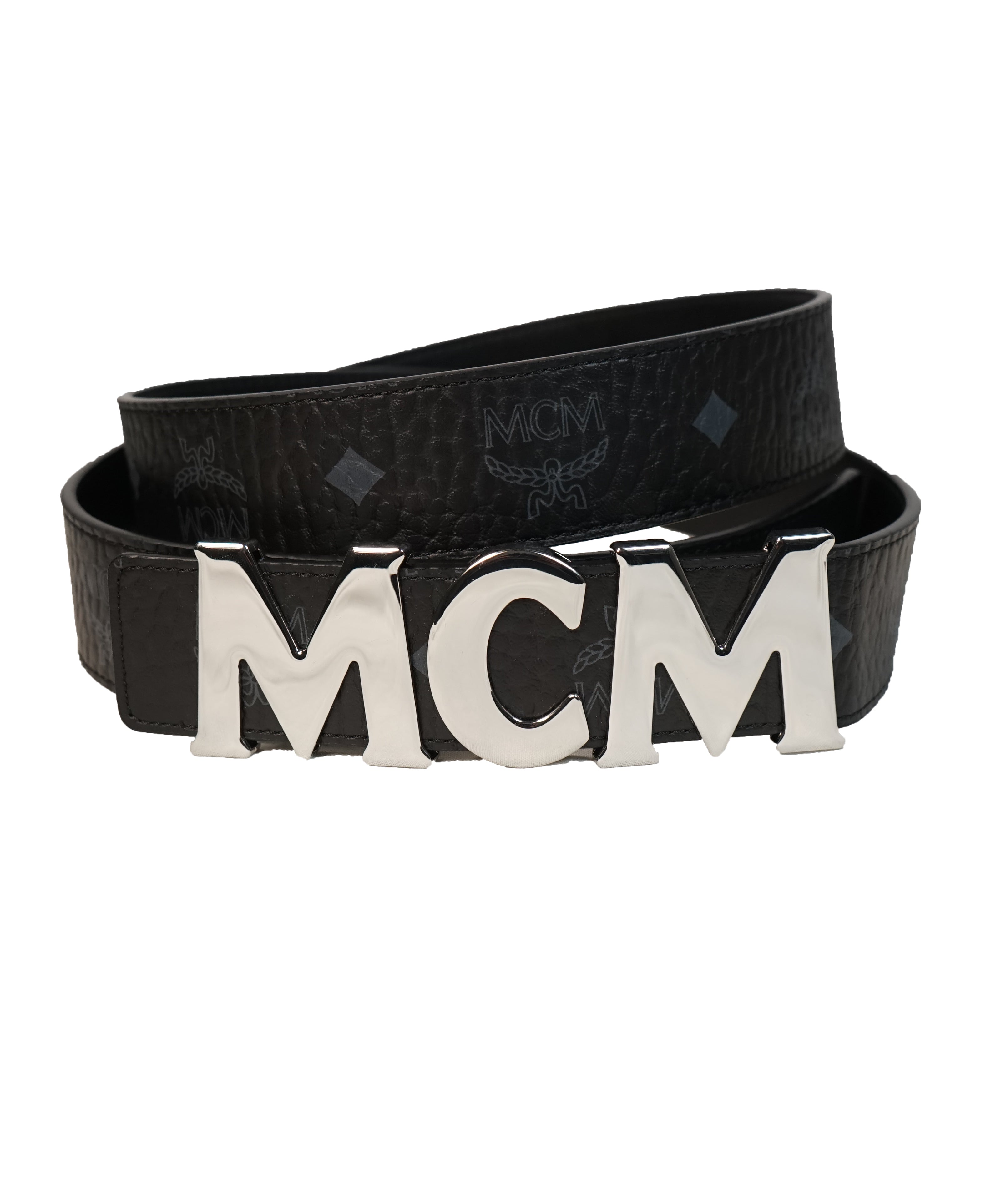 MCM - Black & Gray Logo Letter Leather Belt -  42W