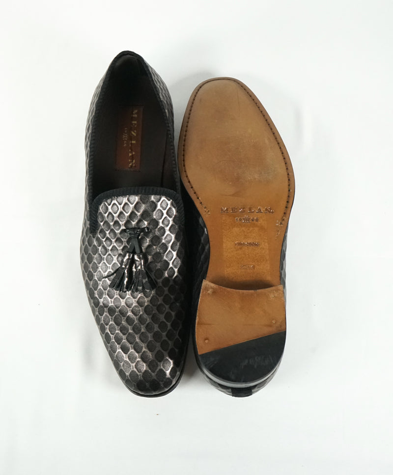 MEZLAN - Textured Geometric Tassel Black Metallic Loafers - 10