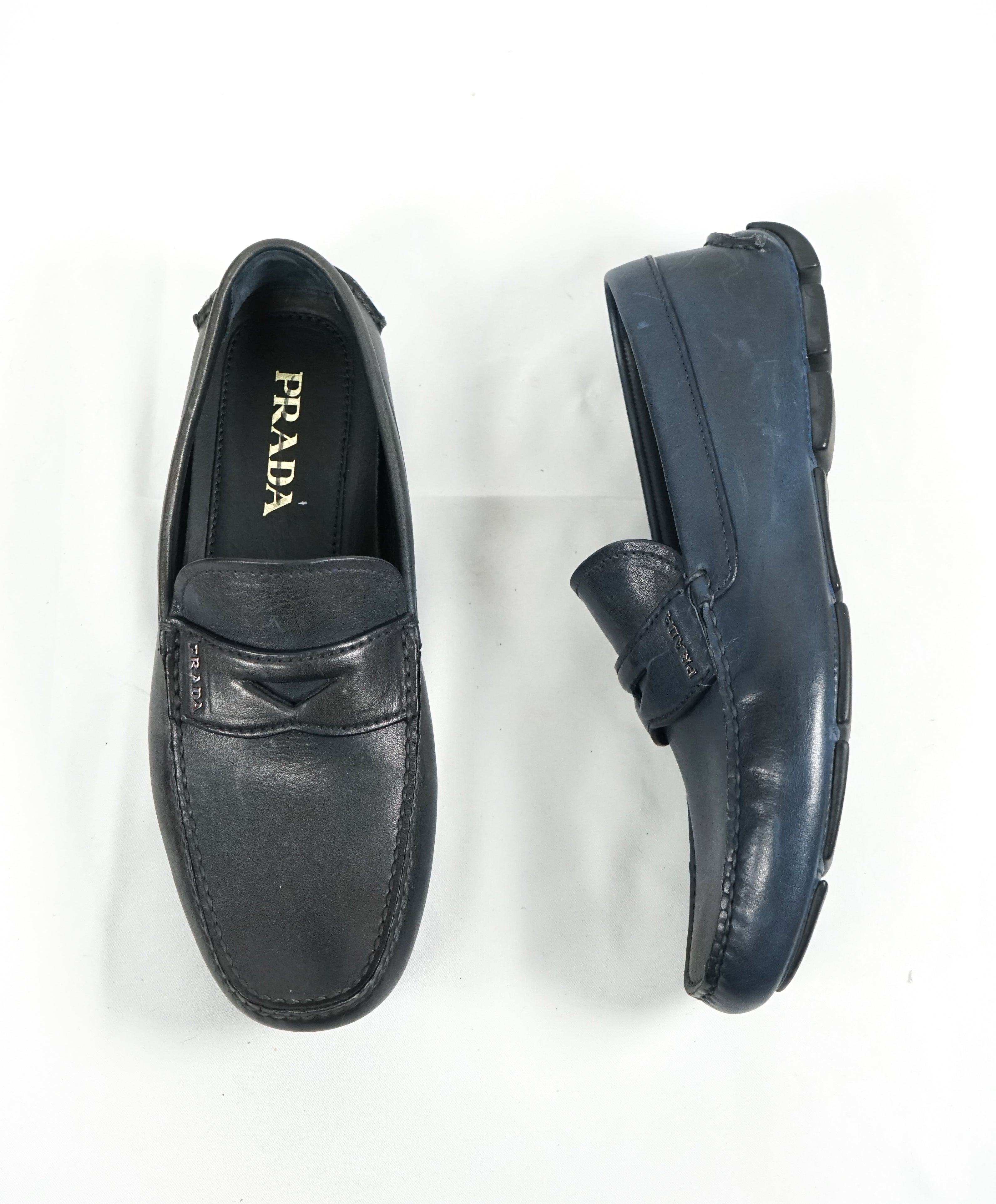 PRADA - Blue Penny Loafers With Silver Logo Lettering - 8