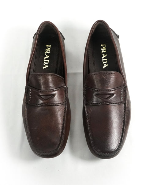 PRADA - Brown Penny Loafers W Silver Logo Lettering - 8