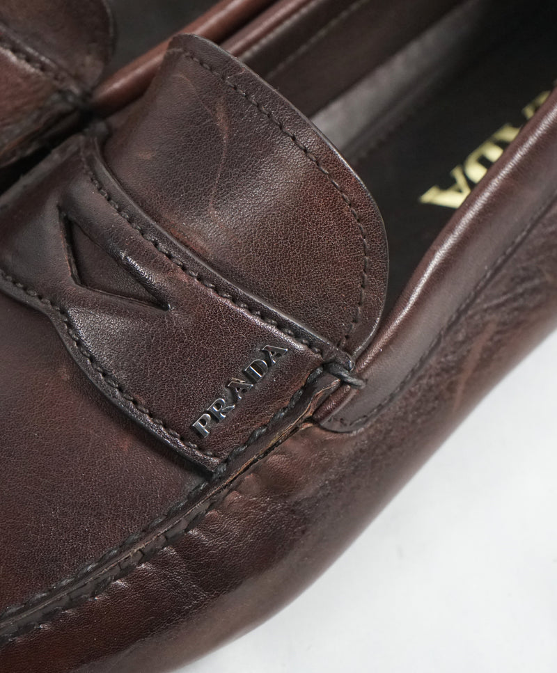 PRADA - Brown Penny Loafers W Silver Logo Lettering - 8